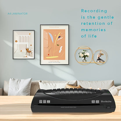 Woolsche A4 Laminator seals photos and documents quickly, ideal for home and small business use. It has a sleek black design and is easy to operate.