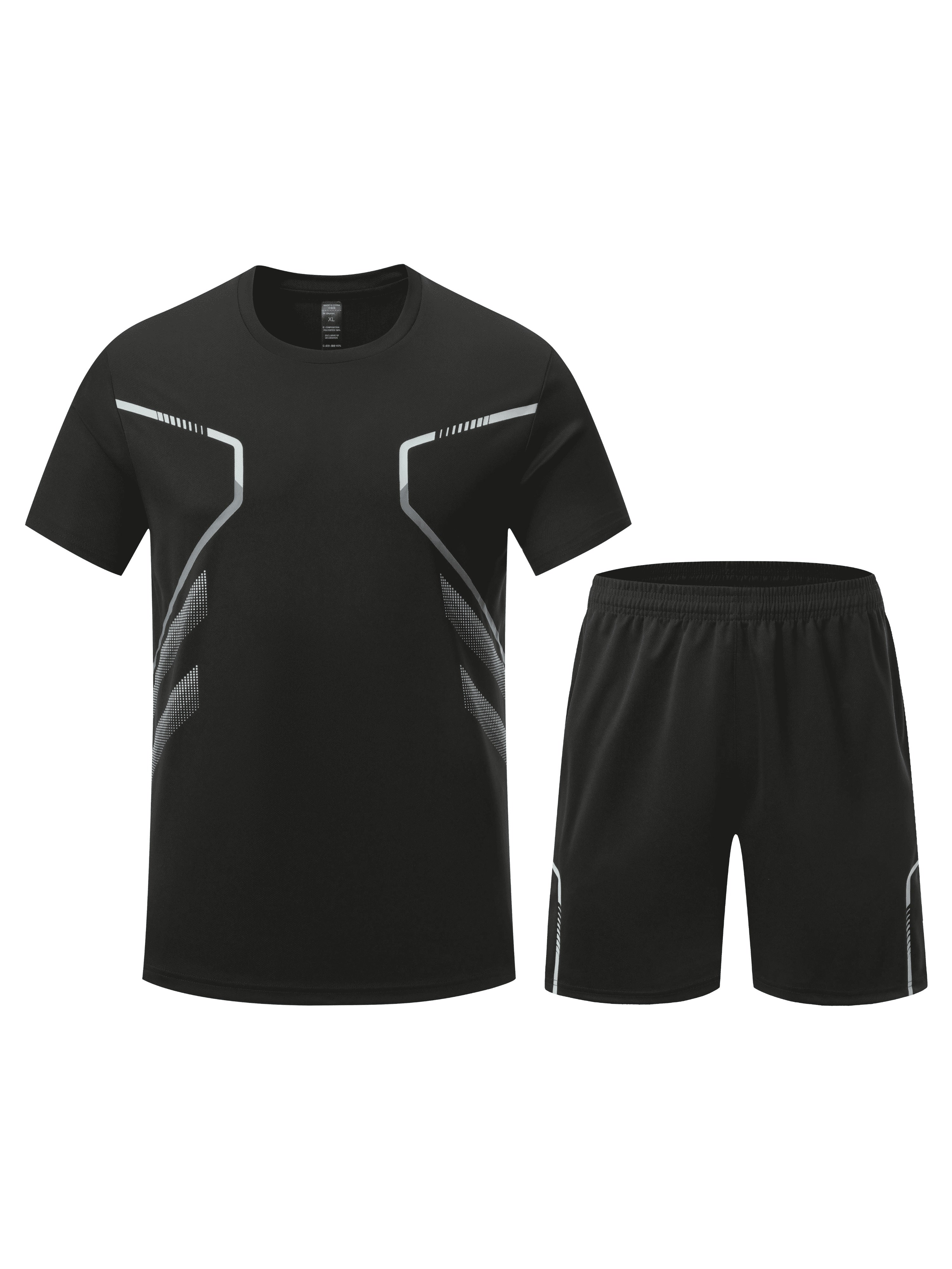 Men's summer running sportswear set includes quick-dry crew neck t-shirt and shorts for hiking, training, and weekend activities.