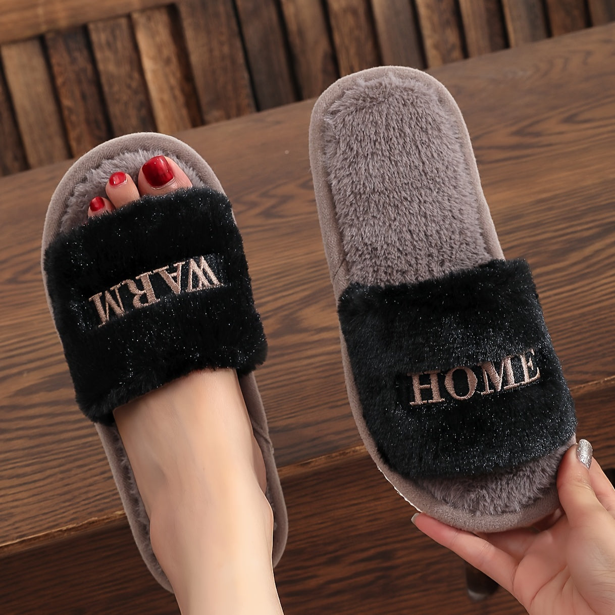 Women's Plush Faux Rabbit Fur Slippers in Soft Pink & Grey with "Home" Detail, Cozy Open-Toe Slip-On Design for Indoor Comfort. Luxurious House Shoes for Lounge or Bedroom.