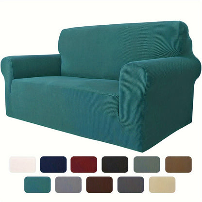 Jacquard fitted sofa slipcover with elastic band, machine washable polar fleece fabric. Compatible with various sofa sizes. Protects furniture from dust and cat scratches.