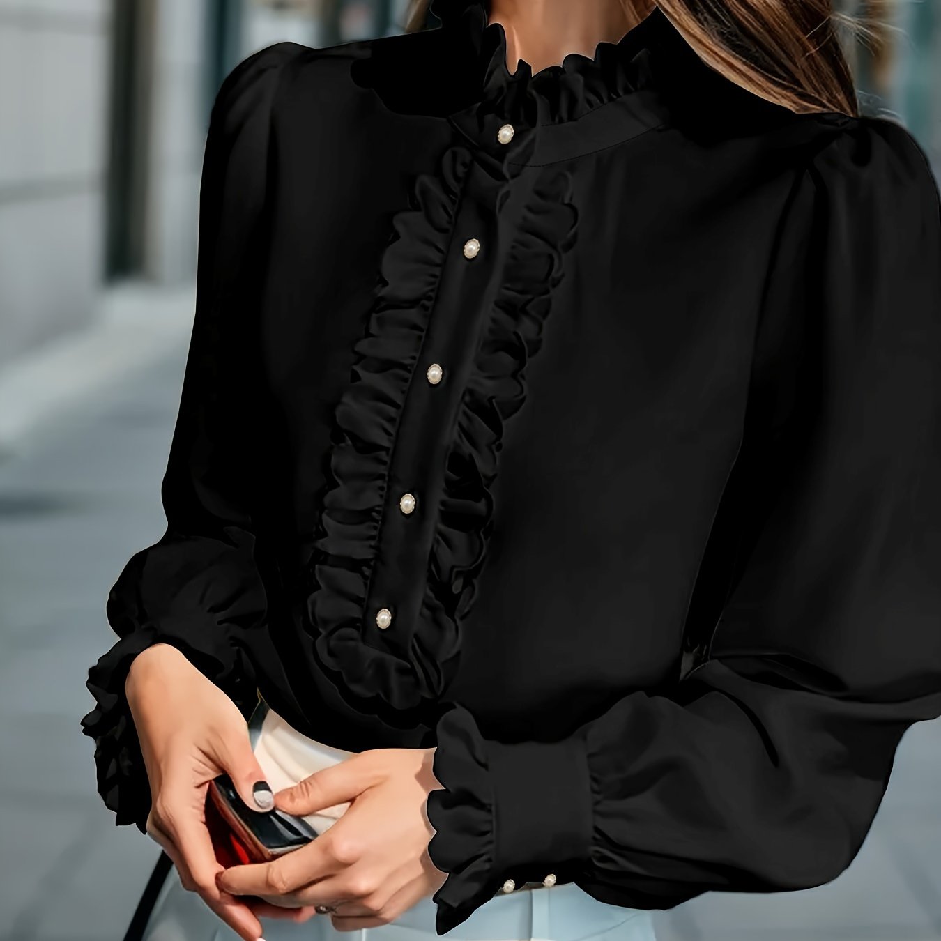 Ruffle trim mock neck blouse, perfect for spring & fall, plus size women's clothing