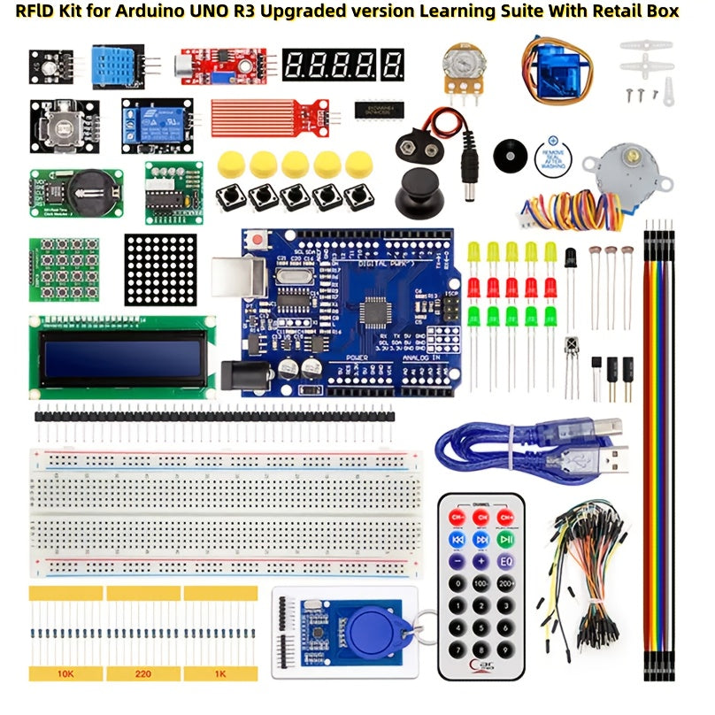 Arduino UNO R3 RFID комплект с программируемым цифровым дисплеем, проводным питанием и белым материалом. Идеально подходит для офисного и чтения, требуется сборка. Батарея и лазер не включены.