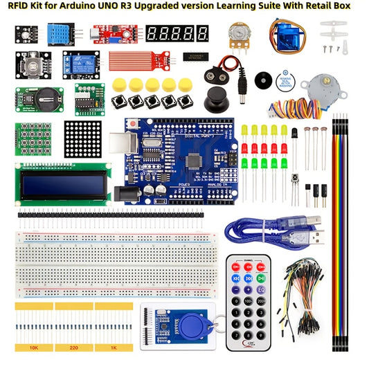 Arduino UNO R3 RFID Kit with programmable digital display, hardwired power, and white material. Ideal for office and reading use, assembly required. No battery or laser included.