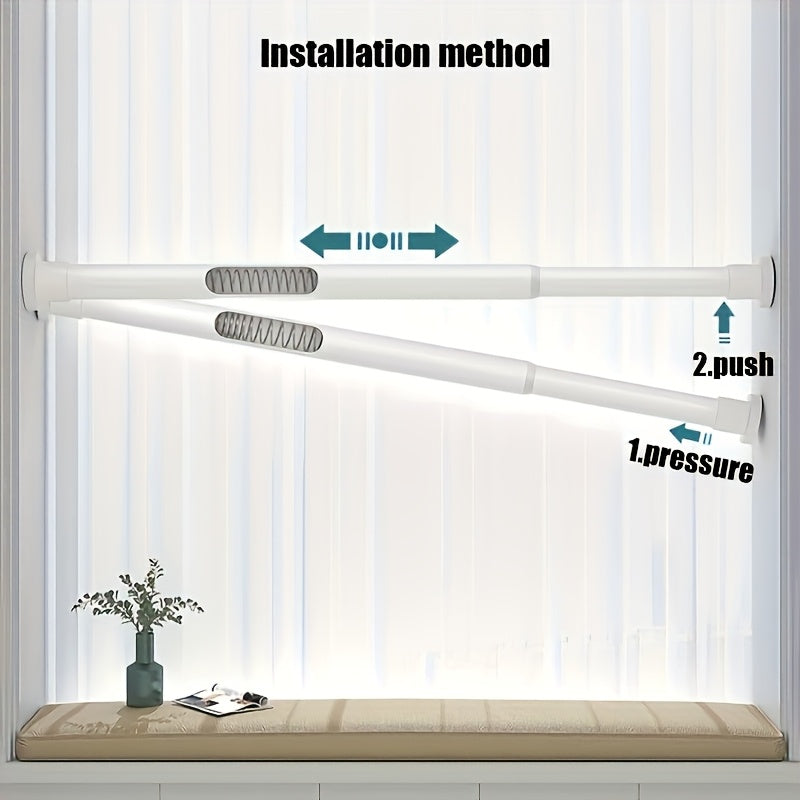 Регулируемая металлическая телескопическая штанга с пружиной для легкой установки натяжения и поддержки от тяжести. Подходит для душевых занавесок, оконных штор, римских штанг и гардеробов. Имеет конструкцию без сверления.