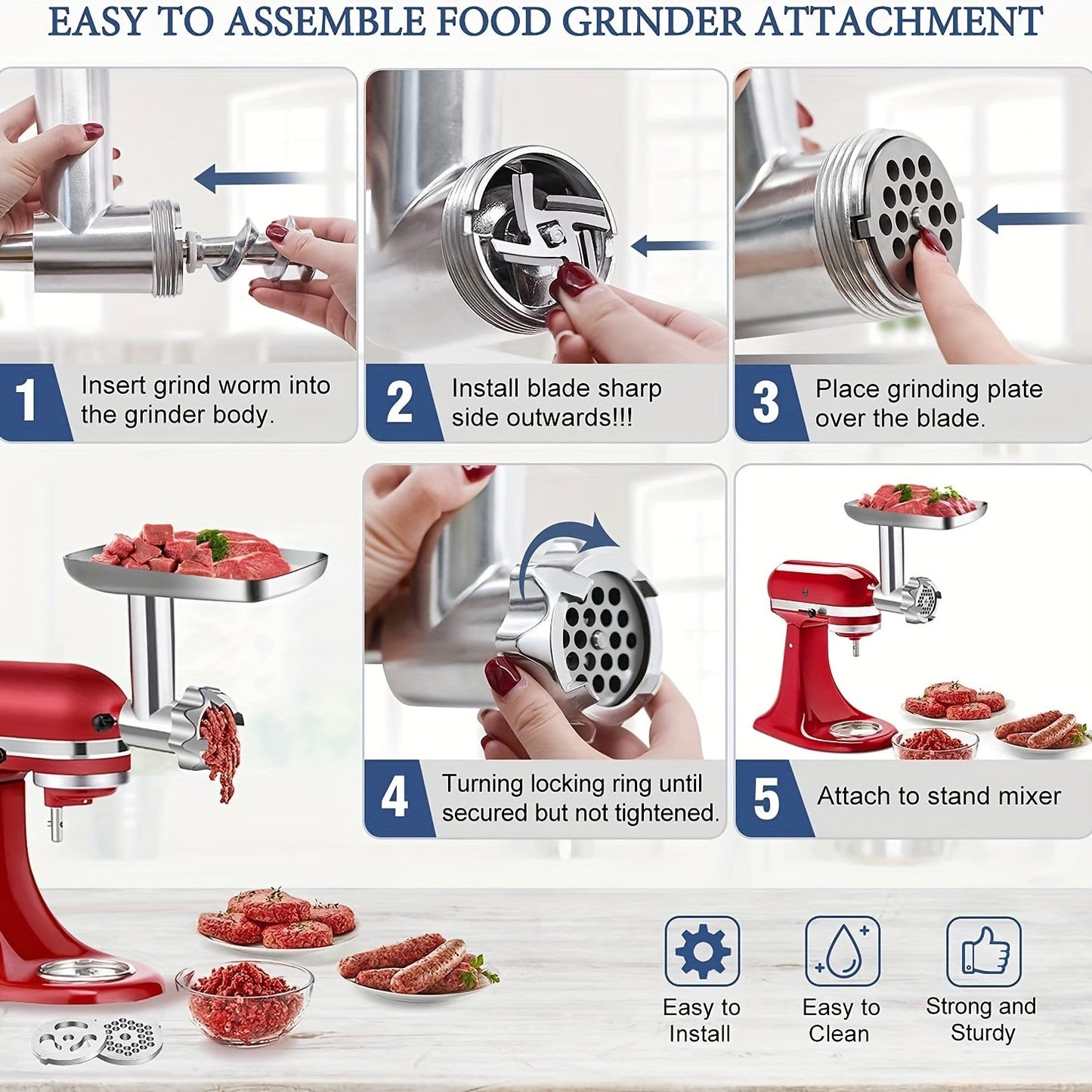 Get the FASSALE 1 Set Meat Grinder Accessory Set - a metal food grinder attachment designed for KitchenAid stand mixers. This creative, cost-effective, and easy-to-use tool is durable, reusable, and a must-have for your kitchen supplies.