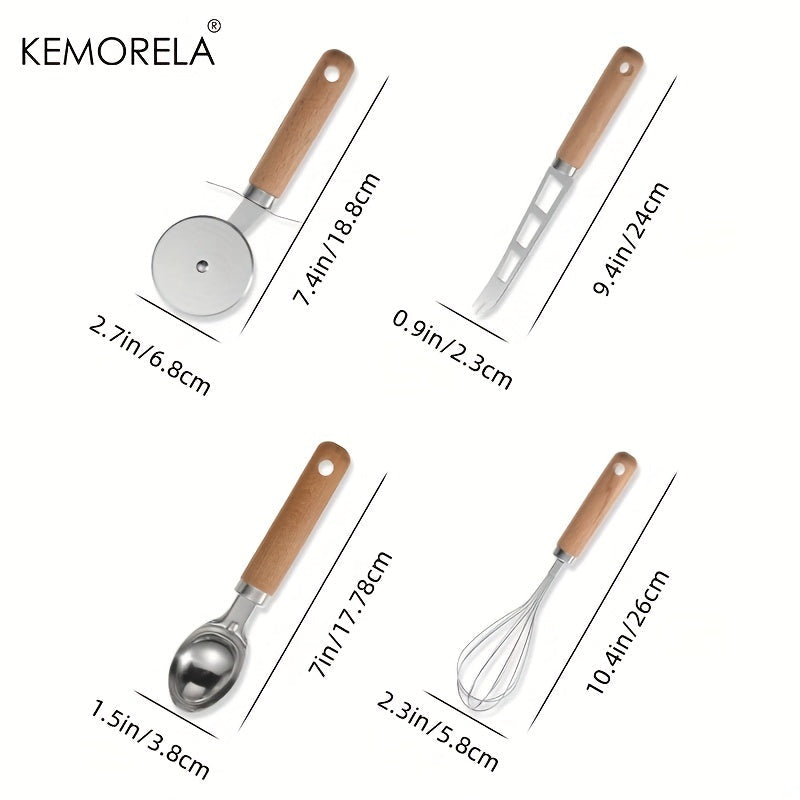 Set of 9 kitchenware pieces with wooden handles, including a stainless steel can opener, garlic press, cheese knife, grater, bottle opener, ice cream scoop, pizza cutter wheel, melon grater, egg beater, and other kitchen gadgets.