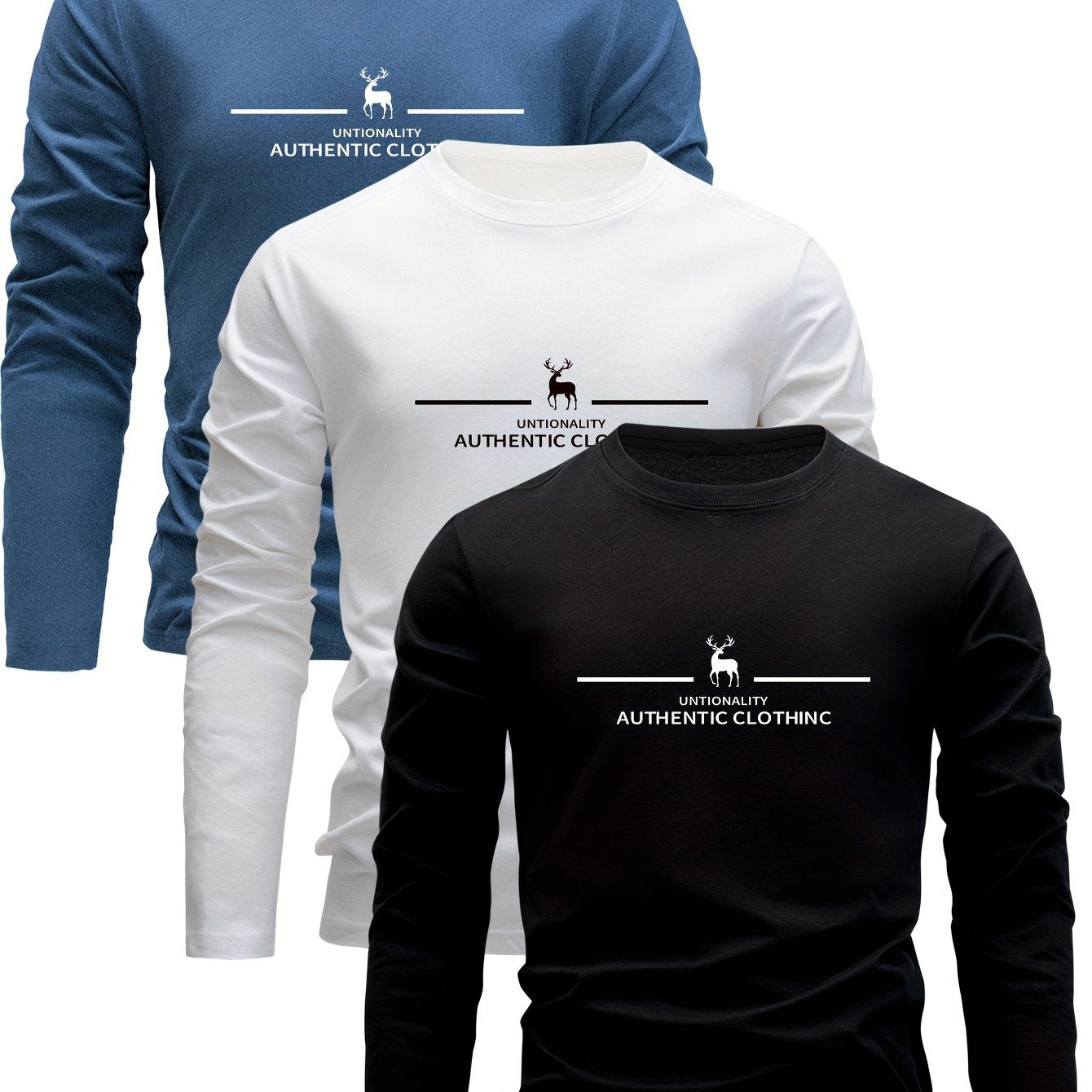 Men's 3-piece cotton long sleeve t-shirts with deer print, ideal for sports and outdoor activities.