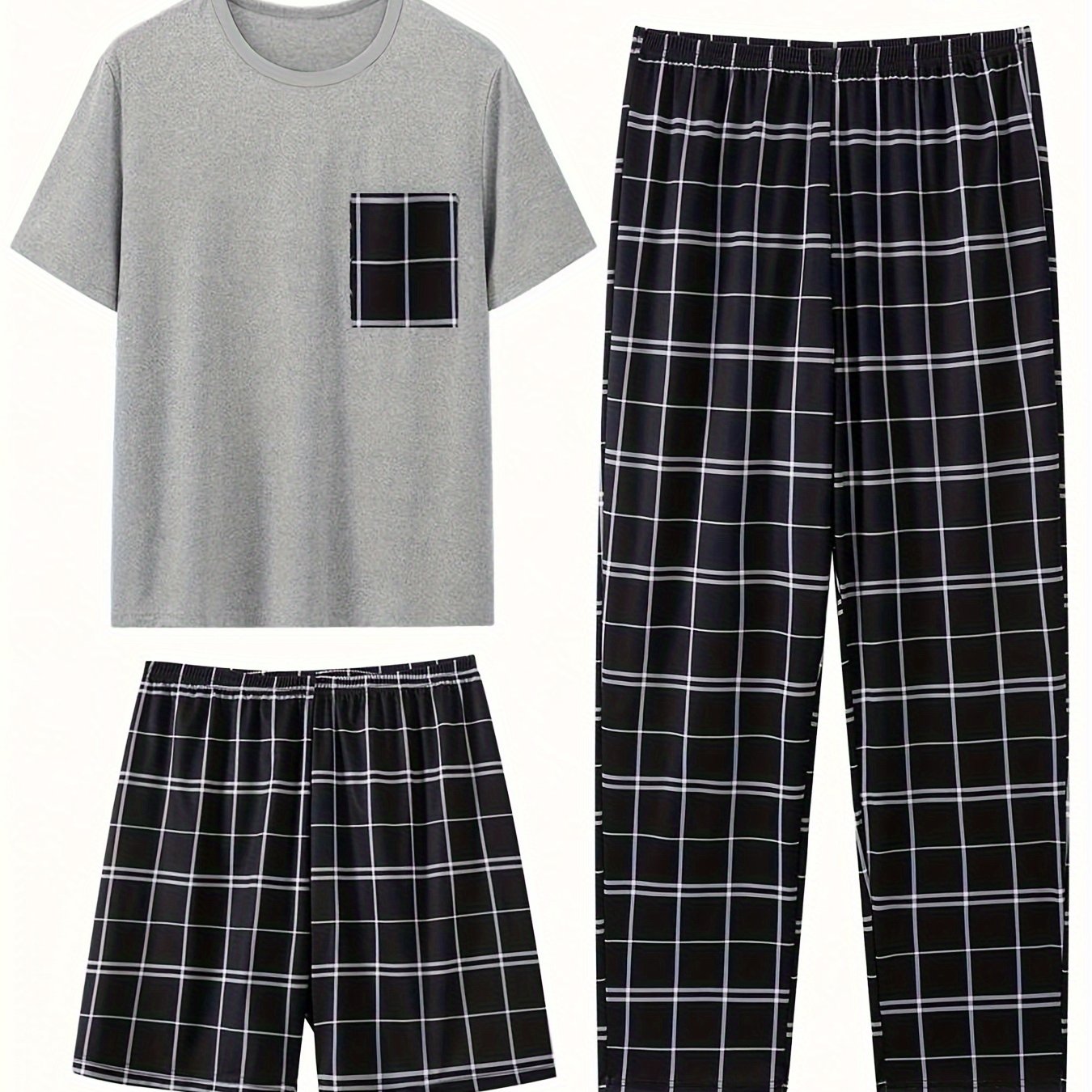 Men's 3-piece pajama set in black/white, featuring a short-sleeve tee with plaid pocket, elastic waist shorts, and pants. Made of soft polyester blend, machine washable.