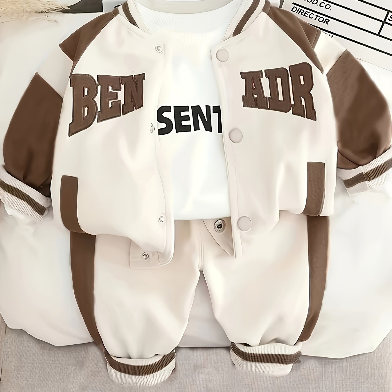 Baby boy's stylish baseball coat, sweatshirt, and pants set, perfect for outdoor wear in spring, autumn, and winter.