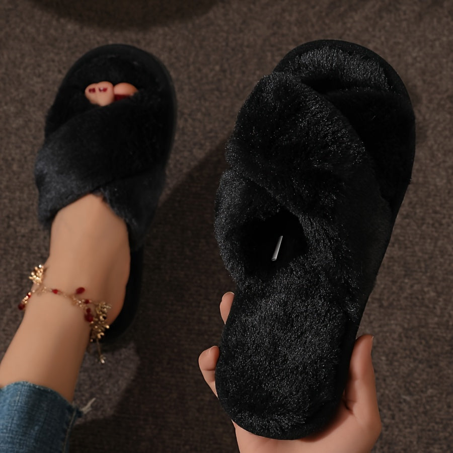 Leopard print plush slippers with soft soles, non-slip for cozy warmth at home.