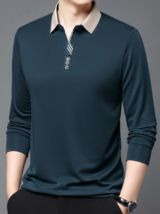 Men's casual business style long sleeve polo shirt made of 95% polyester and 5% spandex. Features a solid color, slight stretch fabric, regular fit with button detailing, and half placket.