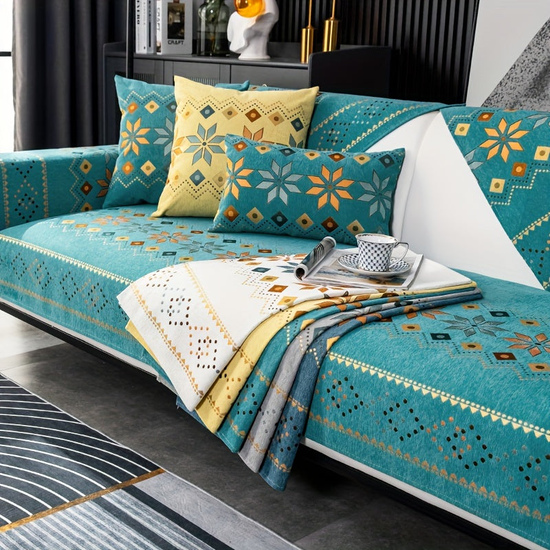 Bohemian four seasons chenille sofa cover with geometric embroidered pattern, offers sofa protection and non-slip feature for home decoration in bedroom, office, and living room.