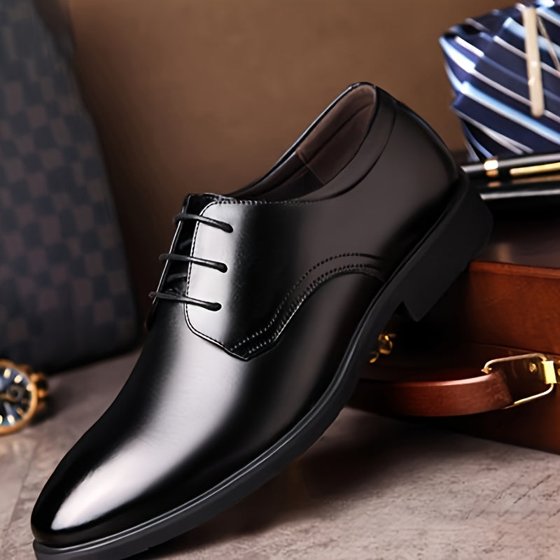 Black faux leather dress shoes with pointed toe and lace-up design, ideal for business, weddings, and parties.