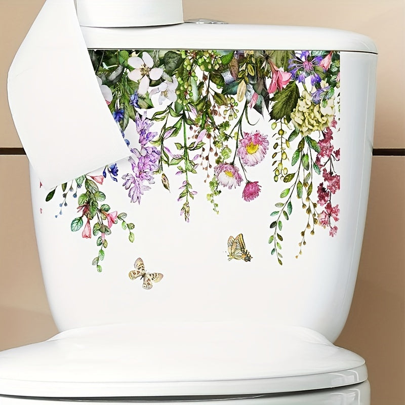 1pc Vibrant Tropical Floral & Butterfly Toilet Sticker - Self-adhesive, Easy to Apply on Ceramic Surfaces, Semi-Matte Finish for Refreshing Home Decor, Bathroom Accessory