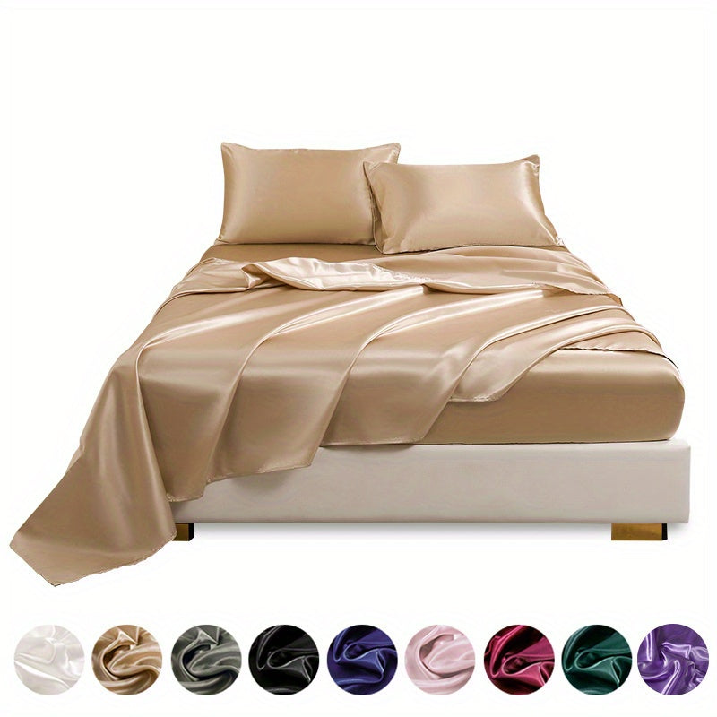 4 pieces of polyester satin solid fitted sheet set includes 1 fitted sheet, 1 flat sheet, and 2 pillowcases, available in Twin, Full, Queen, or King sizes.