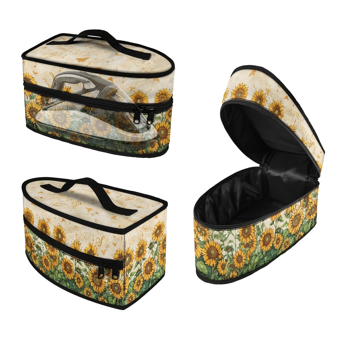 Portable iron storage bag featuring a sunflower pattern with dual zipper closure to keep your iron dust-proof while traveling. This durable organizer includes a handle for easy carrying and is non-electric, perfect for storing ironing accessories.