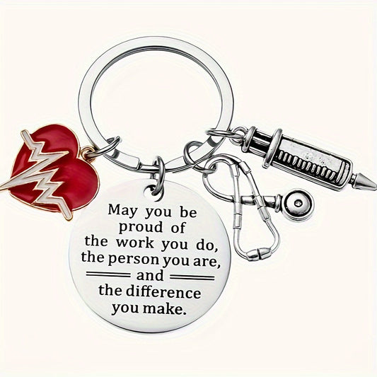 Set of 12 Nurse Appreciation Keychains made of stainless steel featuring ECG heartbeat, syringe, and stethoscope charms. These round medical themed key rings are perfect for nurses, doctors, and medical students as a Nurse's Day gift. Each keychain comes