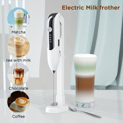 USB rechargeable handheld blender for coffee, lattes, and matcha with a portable electric milk frother. Comes with whisk attachment and stand.