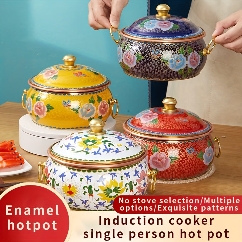 Jingtailan Single Serving Hot Pot - Copper Traditional Enamel Cookware, Induction Compatible, Enameled Pure Copper, Dishwasher Safe, No Electricity Required.