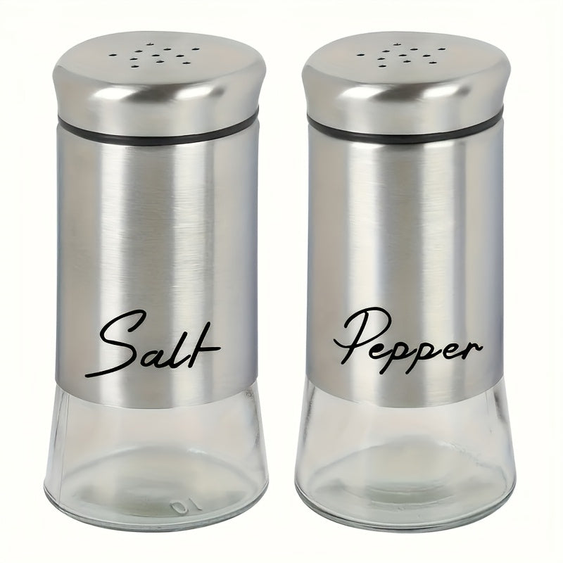 Glass bottom salt and pepper seasoning jars with stainless steel lids, ideal for use in kitchens, camping, RVs, and barbecues. Fillable design, set includes 2 pieces.