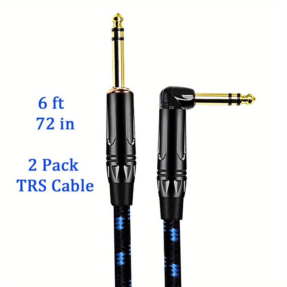 Two 1/4 Inch TRS Instrument Cables with 90 Degree Right-Angled to Straight connectors, suitable for various musical instruments and equipment.