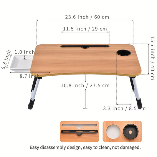 No need for electricity with this versatile Portable Folding Laptop Desk Tray! This multi-material knee table includes a cup holder and drawer, making it perfect for use on the bed, sofa, or low floor living room. Ideal for study, reading, writing