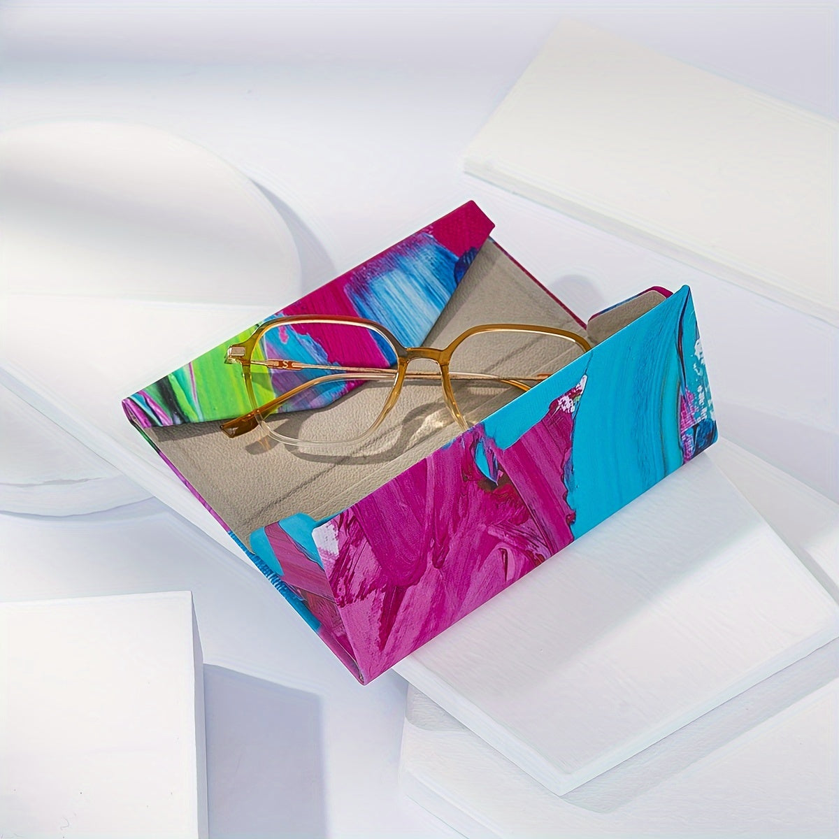 Artistic Color Block Portable Folding Glasses Case for Women with Hard Shell Eyewear Storage Box, featuring an Oil Painting Series Design.