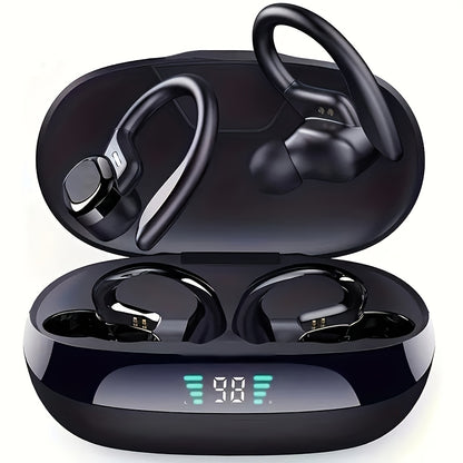 Wireless earbuds for running with earhooks, noise cancellation, LED display, bass sound, and microphone.