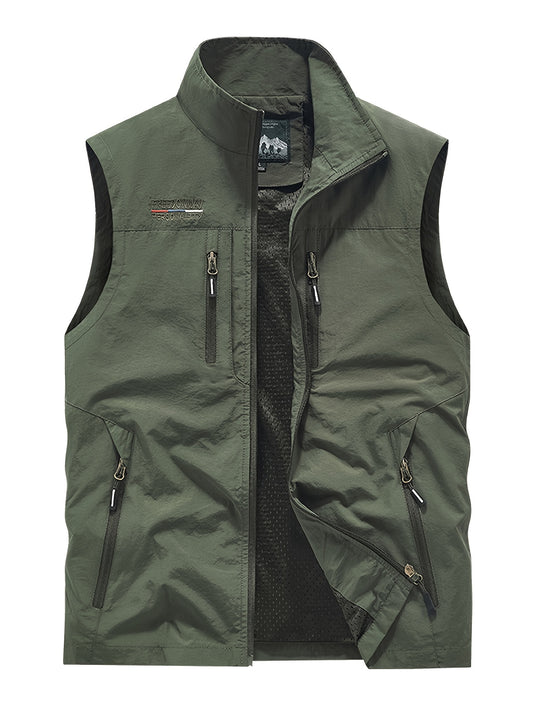 Men's Nylon Fishing Vest with Stand Collar, Multi-Pocket Design, Polyester Lining, Regular Fit