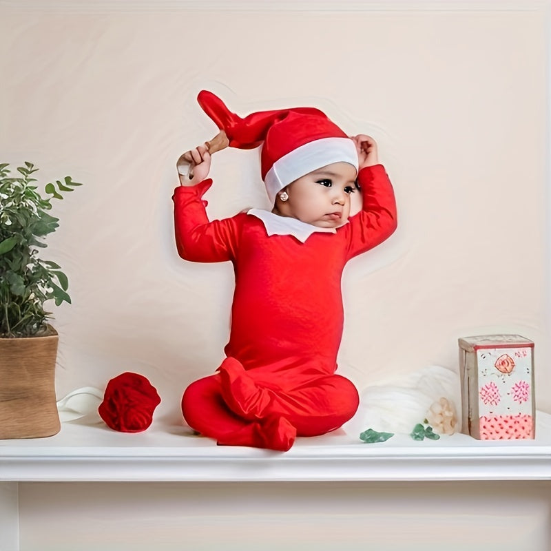 Adorable Christmas-Themed Newborn Onesie and Santa Hat Bundle, Made of Soft Acrylic Fabric, Perfect for Photo Shoots for Babies aged 0-3 Years - Gender-Neutral Baby Outfit to Cherish