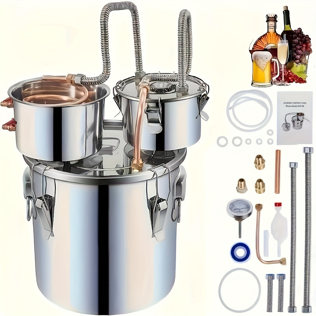 1pc Stainless Steel Alcohol Still with Copper Tube & Build-in Thermometer, 11.36 L, Double Thumper Keg Home Brewing Kit for DIY Whiskey, Wine, Brandy.