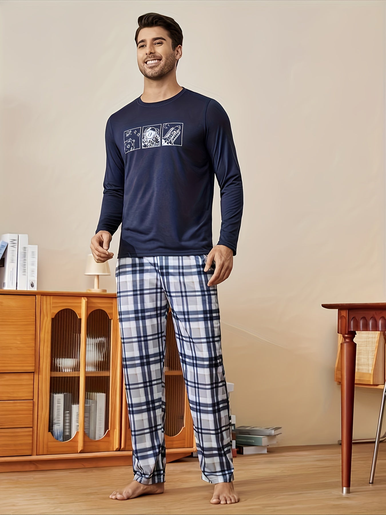 Men's Galaxy Print Crew Neck Pajama Set - Polyester Knit with Elastane, Cozy Plaid Long Sleeve Loungewear for Fall/Winter