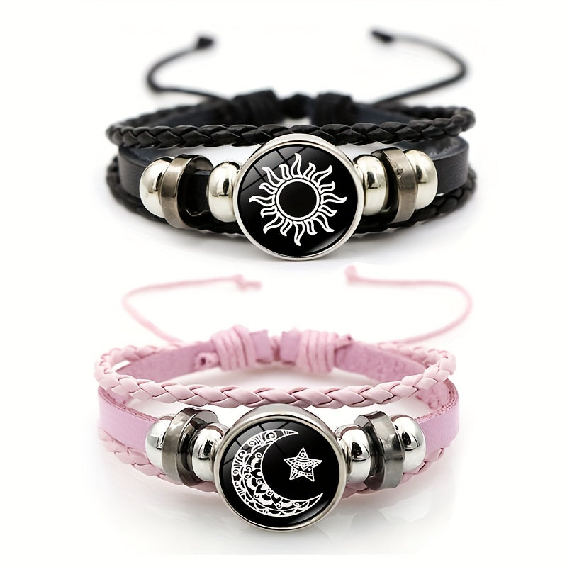 Set of 2 New Luminous Sun Moon Lover Time Gemstone Bracelets for Women and Men, Retro Punk Handmade Multi-layer Beaded Weaving PU Leather Bracelets, Perfect Couple Gift.