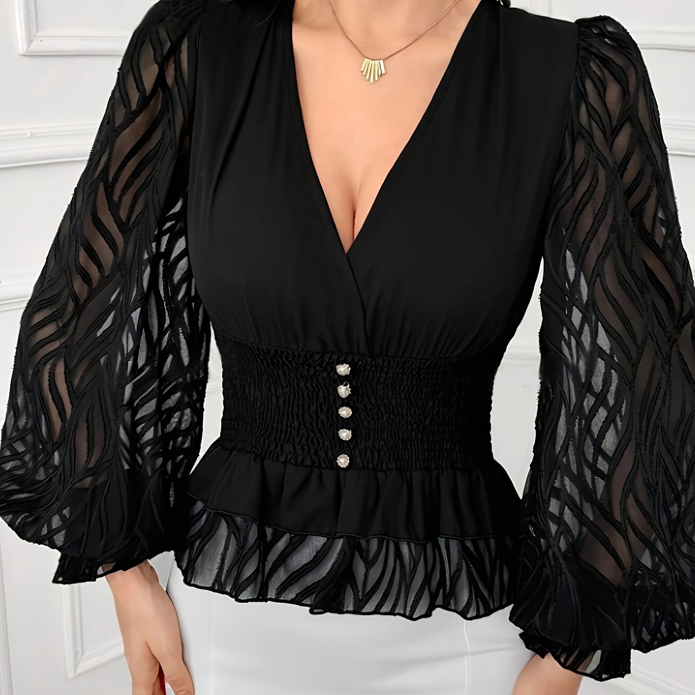 Elegant V-neck long sleeve shirt with ruched waist, solid color, polyester blouse for women.