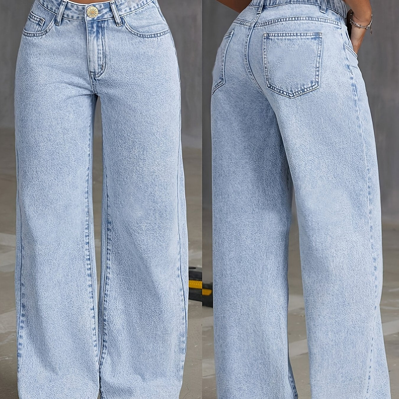 Preppy style high-waisted wide leg denim jeans for women, with button detail and solid color, perfect for all-season weekend wear.