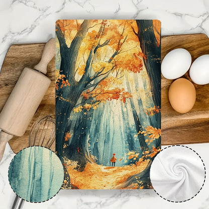 Set of 2 Ultra Soft Kitchen Towels featuring an Autumn Forest Scene, designed for high absorption and easy machine washing. Each towel measures 40.64x60.96 cm, ideal for holiday decoration and drying dishes.