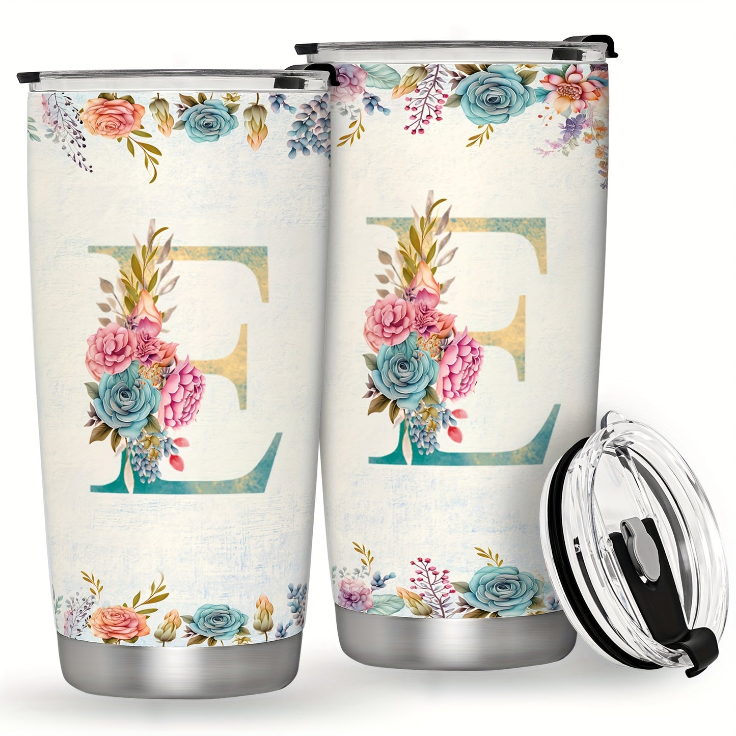 20oz Stainless Steel Tumbler with Initial Monogram, Floral Design, Leak Proof Lid, Perfect for Outdoor Activities, Great Gift for Holidays.