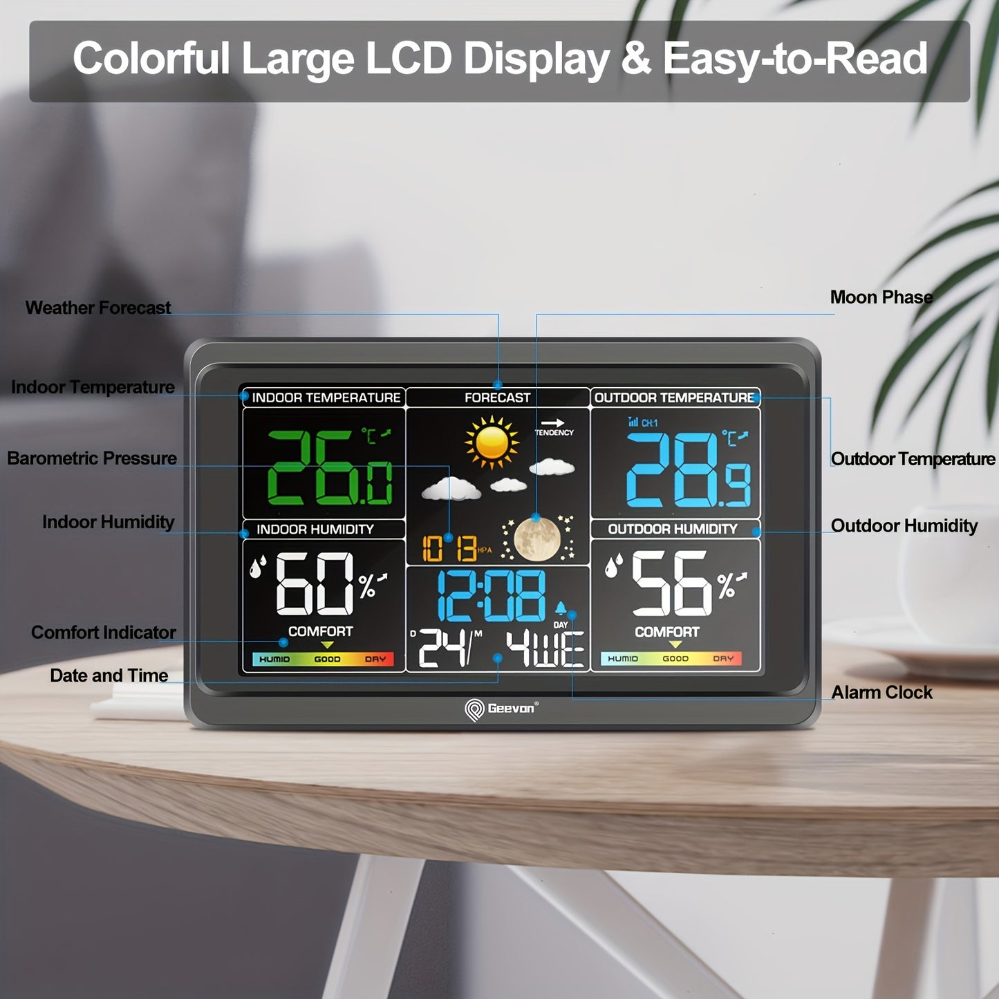 Geevon Wireless Weather Station features a color display and includes an indoor/outdoor thermometer, barometer, calendar, USB charging port, adjustable backlight, and multi-channel support