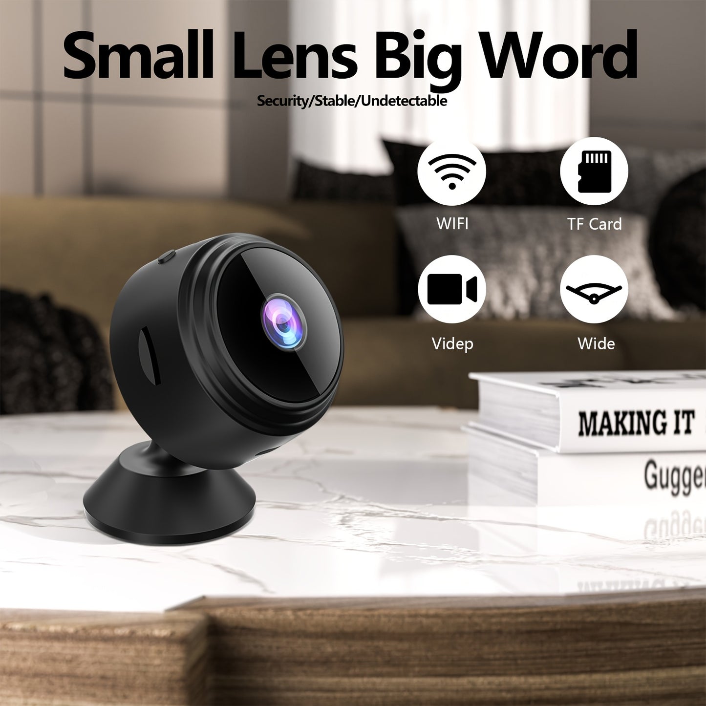 Mini wireless security camera with WiFi, app control, rechargeable battery, not waterproof, compatible with home assistant.