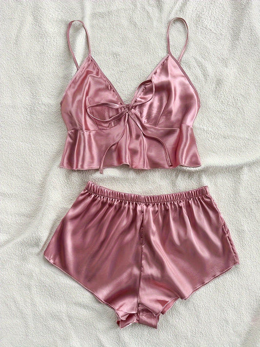 Solid satin pajama set with backless crop top and mini shorts for women, perfect summer sleepwear