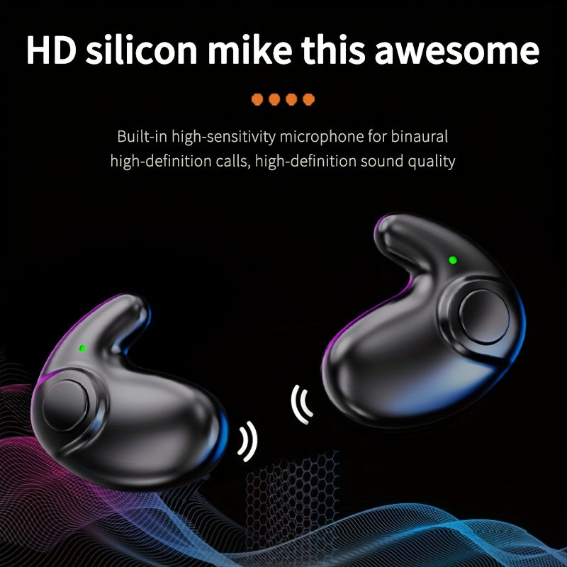 Ultra-thin wireless headphones for sports, sleep, and calls with bass-heavy sound and dual microphones.