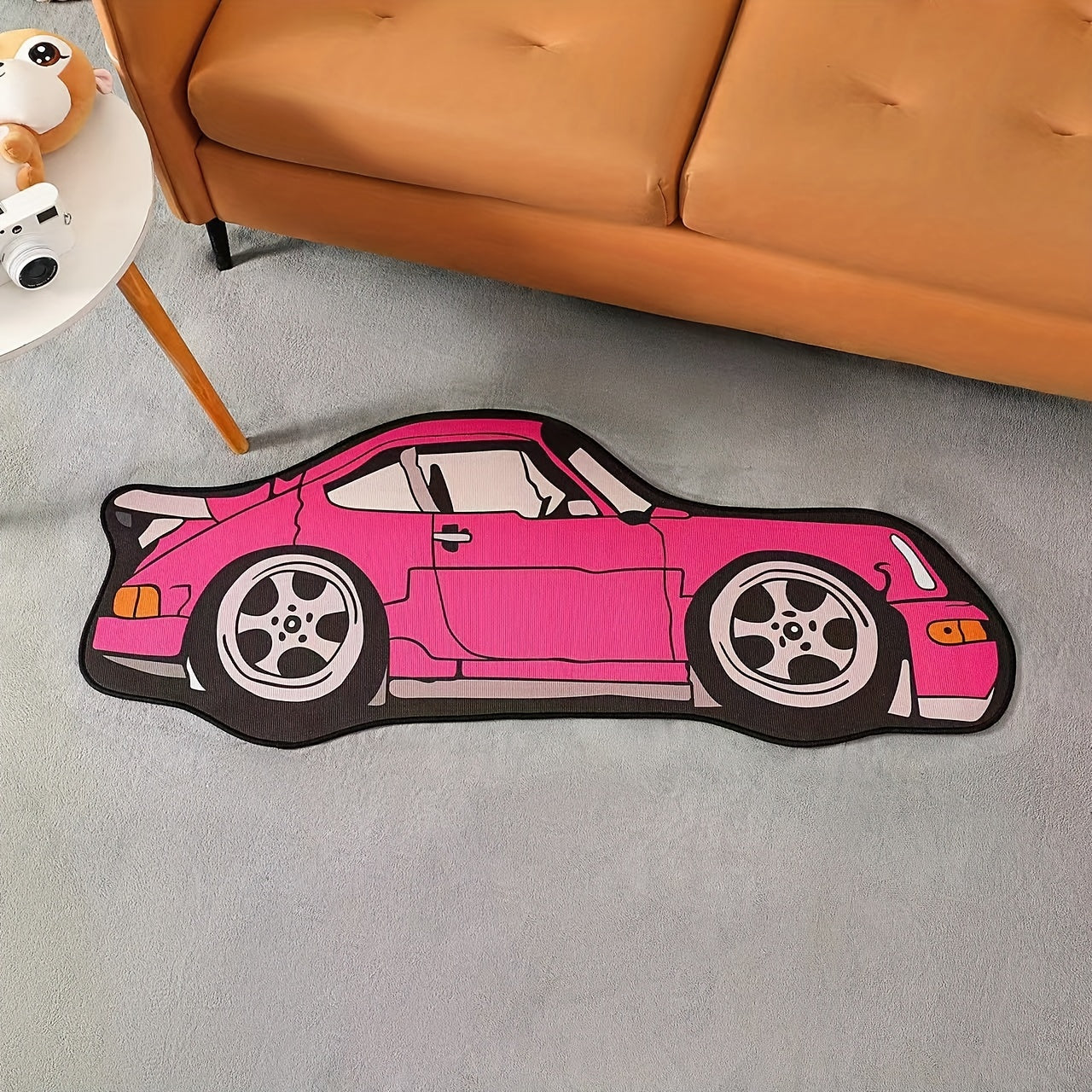 Soft polyester mat with a sports car design. This machine washable, non-slip area mat is versatile for use in the living room, bedroom, or as an office chair mat. The stylish floating window design adds a luxurious touch, making it perfect for use in a