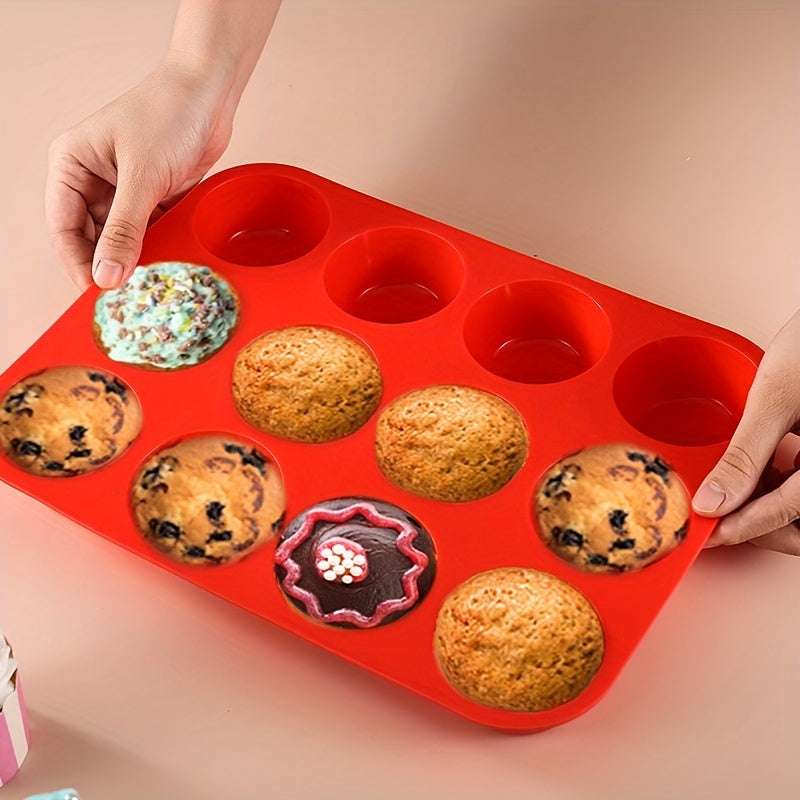 1 piece of Silicone Muffin Pan measuring 29.49cm X 22.0cm, featuring 12 cavities for baking cupcakes, pudding, and more. This non-stick pan is a versatile addition to your kitchen, perfect for baking and cooking needs. Complete your kitchen gadget