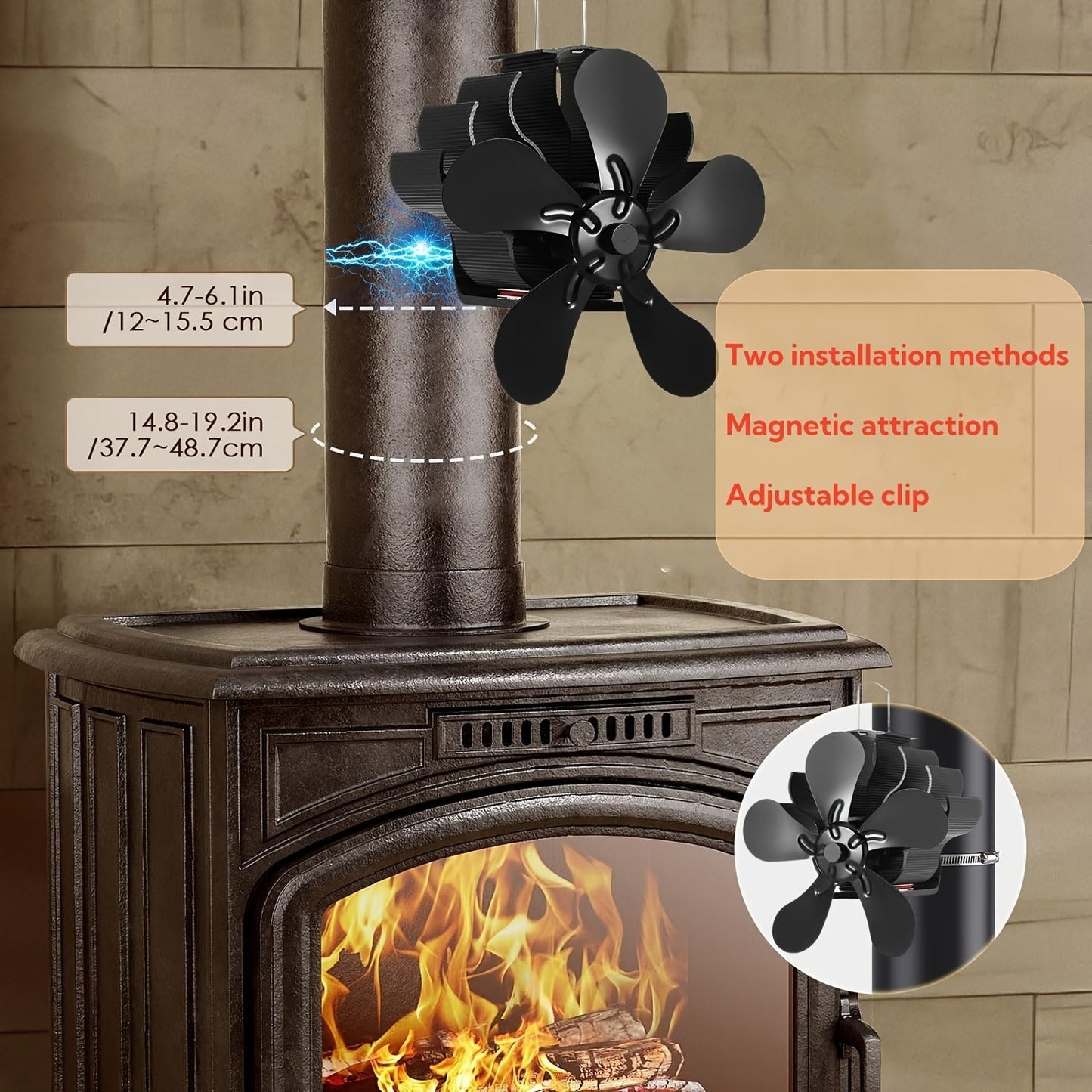 Wood stove fan with 5 blades, powered by heat and silent operation - improves efficiency of firewood and gas heating. Ideal for holiday gifts such as Thanksgiving, Halloween, and Christmas, as well as a great addition to wood stove accessories.