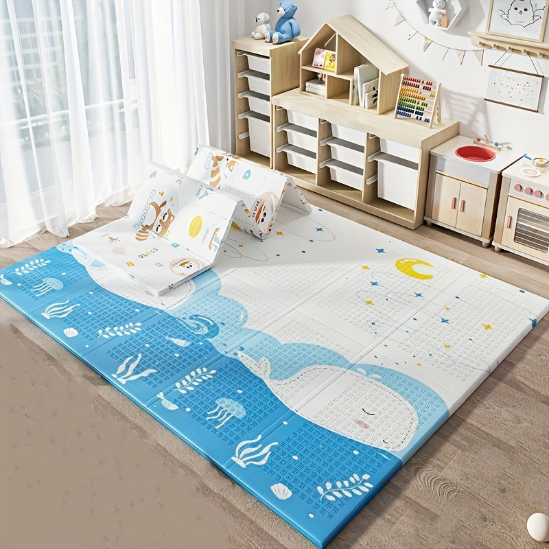 Baby crawling mat with double-sided design, featuring cartoon patterns and waterproof activity surface. Made of soft foam in mixed colors with PE coating. Includes handbag storage for easy carrying. Ideal for infant play and learning.