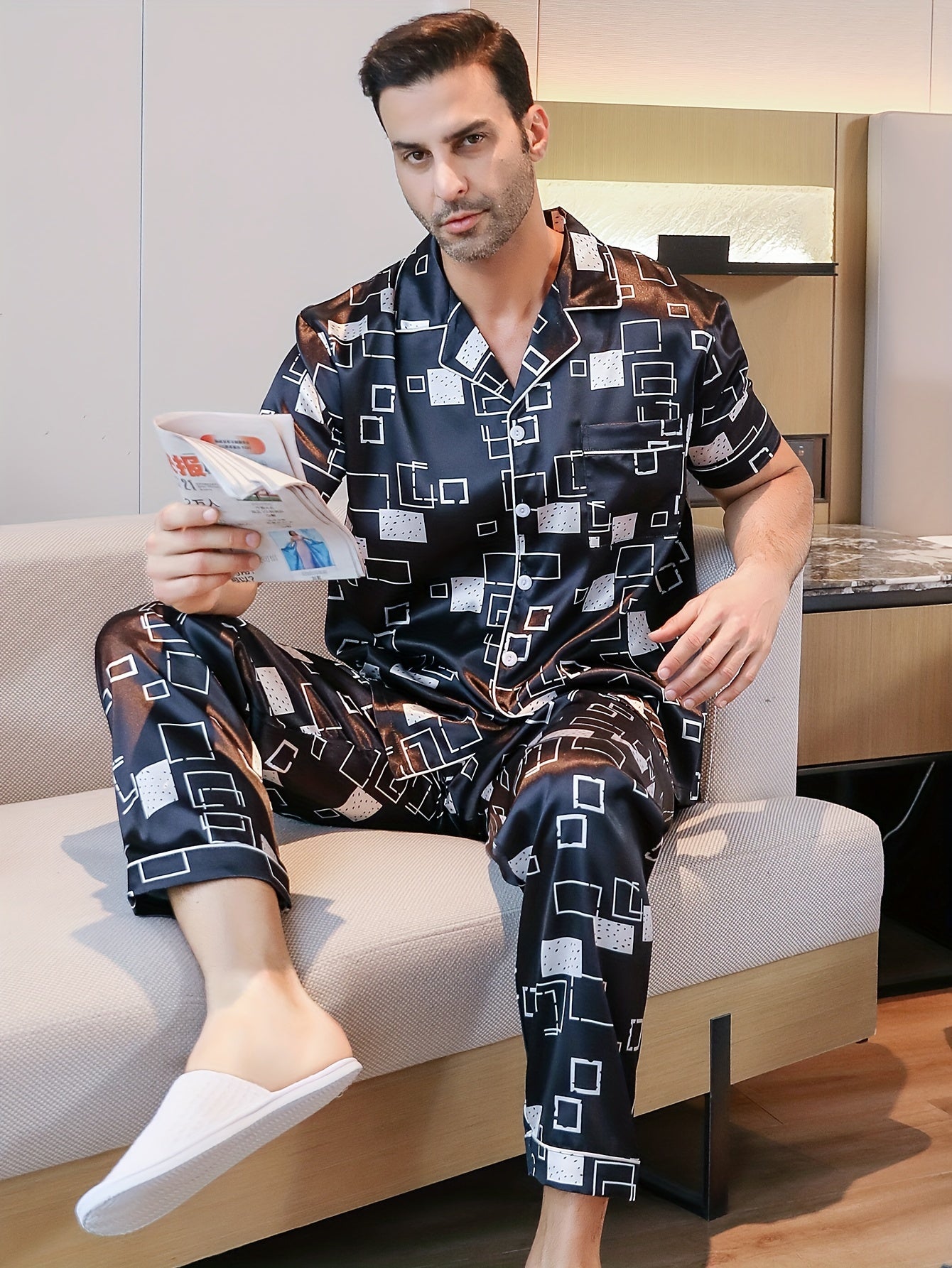 Men's geometric print pajama set with short-sleeve top and long pants, includes lightweight summer cardigan loungewear.