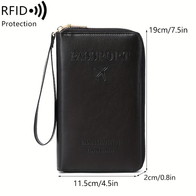 Brown PU travel wallet with RFID blocking for passports, cards, tickets, and IDs. Zipper closure and wrist strap, compact design with multiple compartments for secure organization.