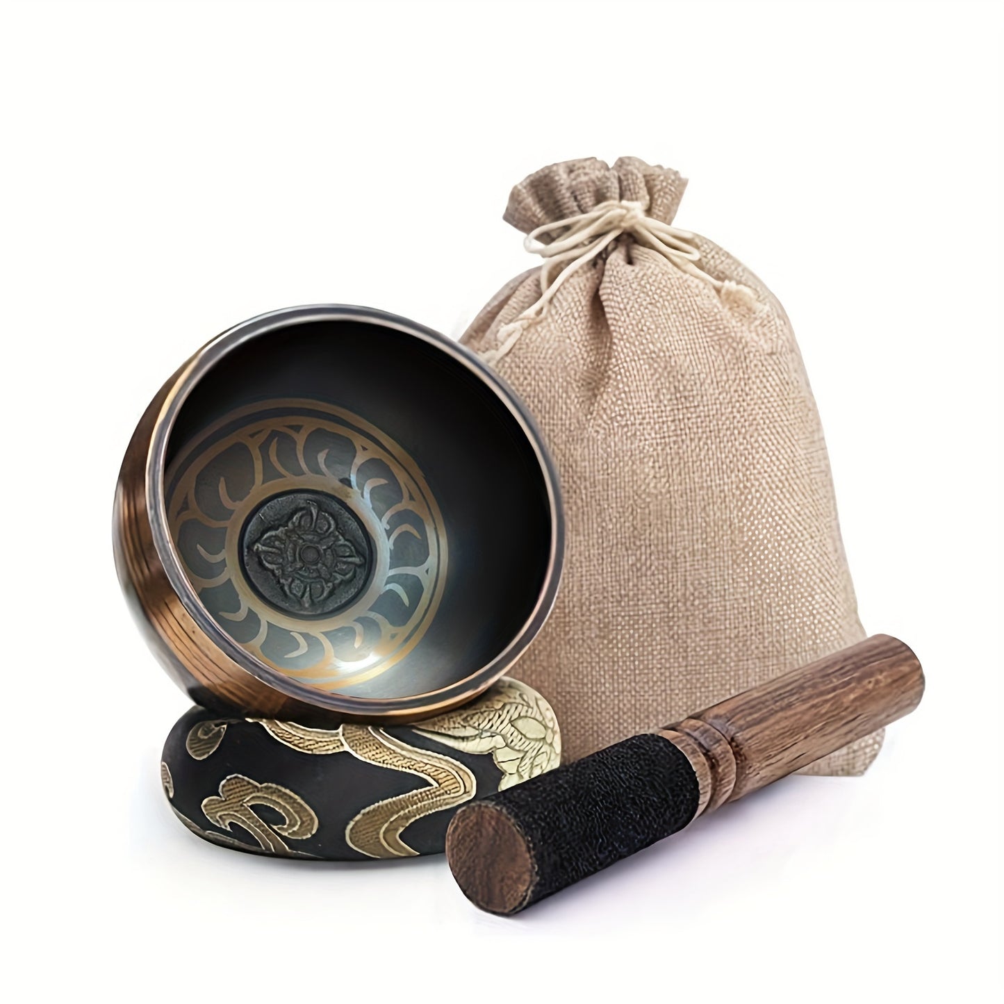 Handcrafted Tibetan Singing Bowls Set includes hammered copper sound bowl, mallet, and drawstring bag for yoga, meditation, and chakra balancing.