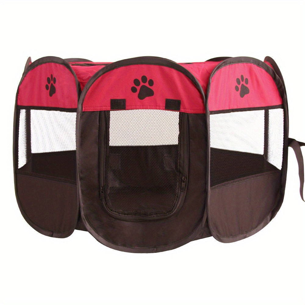 Foldable cat tent bed made of durable polyester with paw print design, zippered door for indoor/outdoor use.