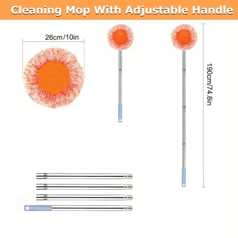 Mop suit with 360 ° rotating feature, round microfiber mop head that is dust-proof. Includes 4 sturdy steel pipes for support and 2 replacement mop heads for effective wall cleaning.